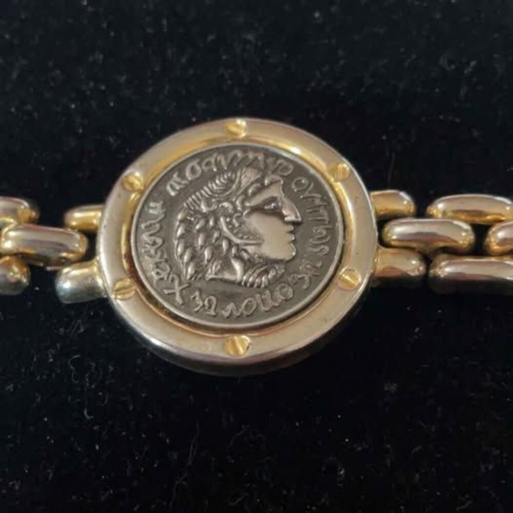 Two-Tone Alexander the Great Coin Medallion Link Bracelet